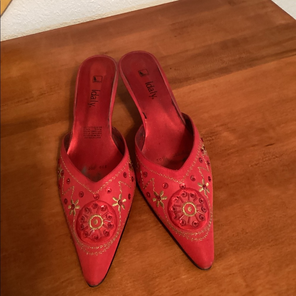 Women’s red embellished kitten heel mules